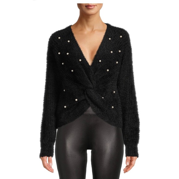 No Boundries Sweaters - Twist Front Sweater Women Small Black Faux Pearl Embellished V-Neck